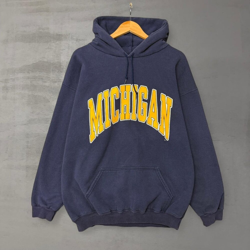 Vintage Michigan Wolverines Dodger Spellout 90s Blue Hoodie Sweatshirt XL‎